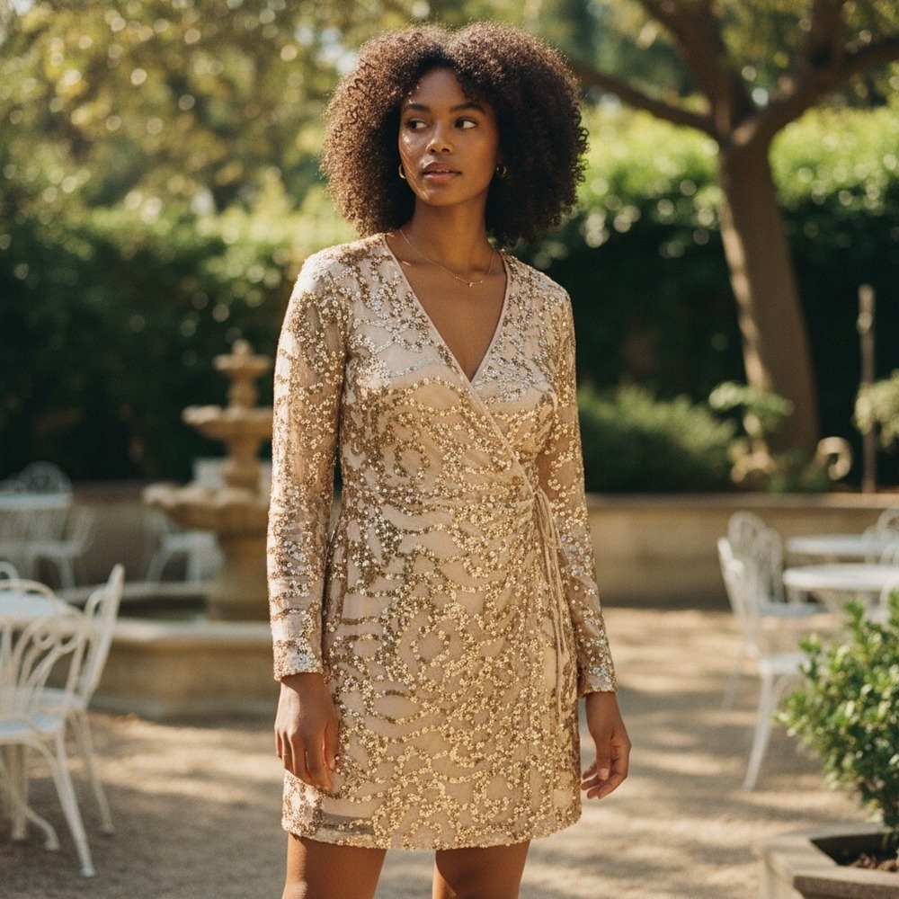 Boohoo Rose Gold Sequin Wrap Dress Sparkly‎ Party Special Occasion Dress M
